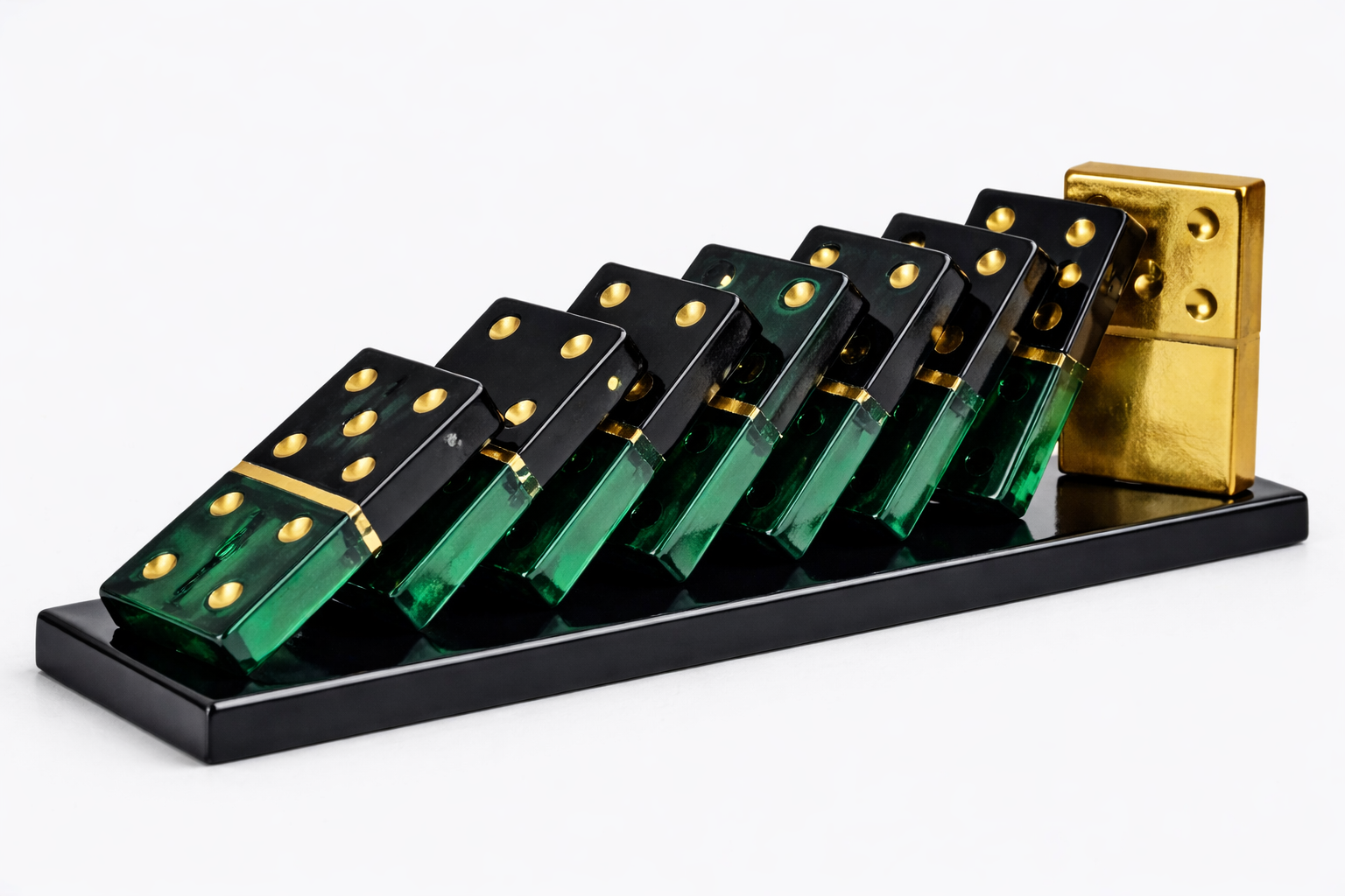 Mynd av einari rekkju av domino prikkum fyri at illustrera umhugsna íverksetan av 
			vitlíki og AI